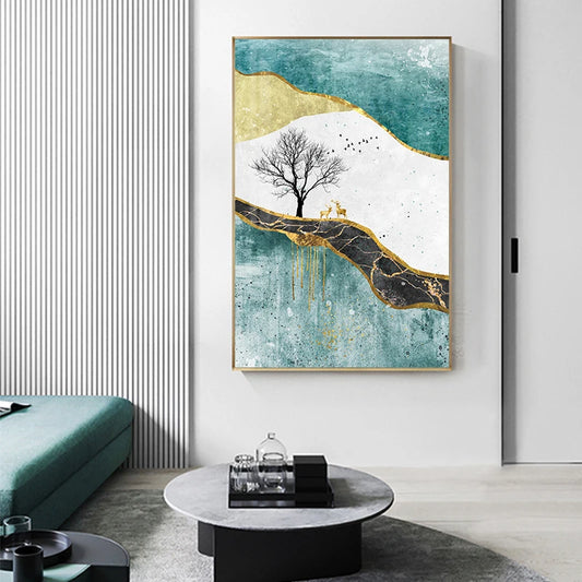 Golden Birds Butterfly Tree Auspicious Wall Art Fine Art Canvas Prints - Light Luxury Abstract Landscape Pictures For Living Room Dining Room Art For Modern Interiors