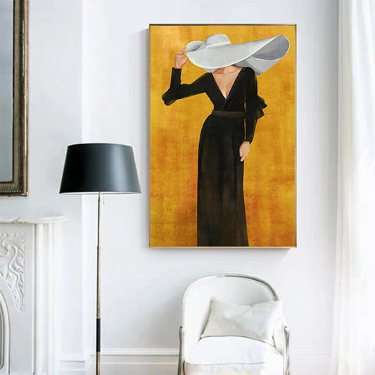 Girl In Black Dress Big Hat Fashion Wall Art Fine Art Canvas Prints - Modern Abstract Fashion Art For Living Room Boutique Salon Art Decor