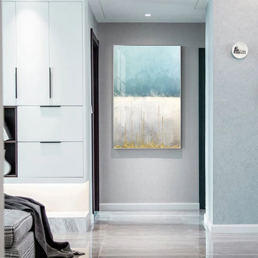 Minimalist Light Blue Grey Golden Abstract Wall Art Fine Art Canvas Prints - Art For Modern Apartment Living Room Bedroom Office Art For Contemporary Interiors