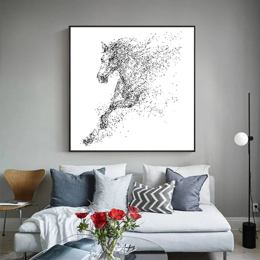 Minimalist Black White Abstract Prancing Horse Wall Art Fine Art Canvas Print - Square Format Pictures For Living Room Dining Room Modern Art For Contemporary Interiors