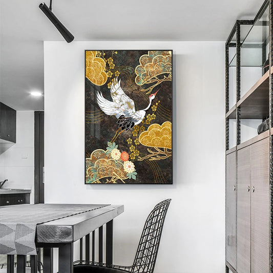Brown Golden Flying Birds Wall Art Fine Art Canvas Prints - Modern Abstract Oriental Artworks For Living Room Dining Room Art For Contemporary Interiors