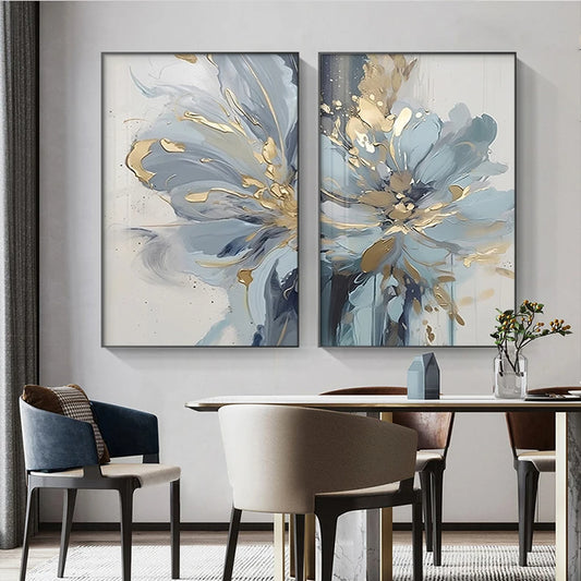 Light Luxury Blue Golden Floral Wall Art Fine Art Canvas Prints - Modern Botanical Pictures For Living Room Dining Room Art For Contemporary Home Decor