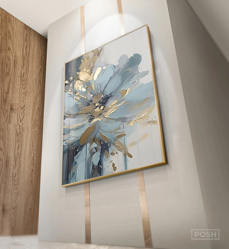 Light Luxury Blue Golden Floral Wall Art Fine Art Canvas Prints - Modern Botanical Pictures For Living Room Dining Room Art For Contemporary Home Decor