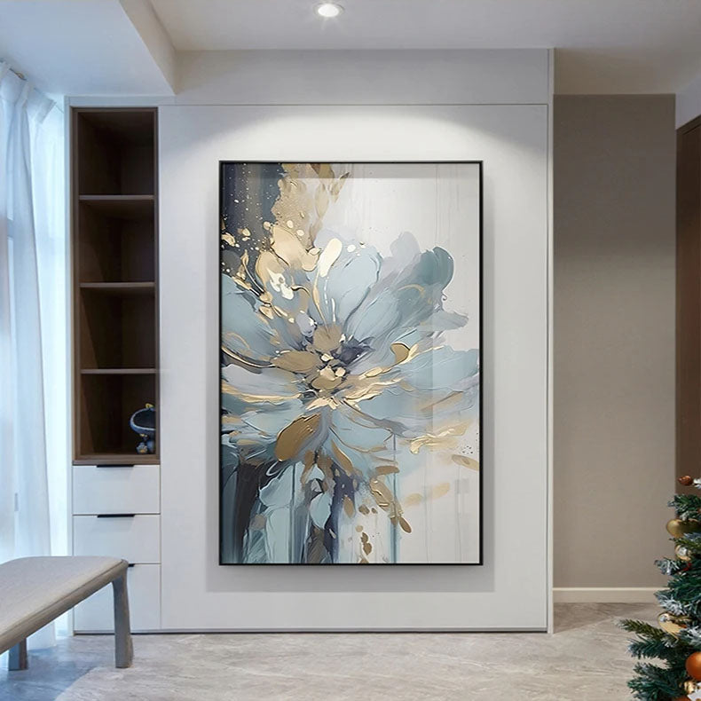 Light Luxury Blue Golden Floral Wall Art Fine Art Canvas Prints - Modern Botanical Pictures For Living Room Dining Room Art For Contemporary Home Decor
