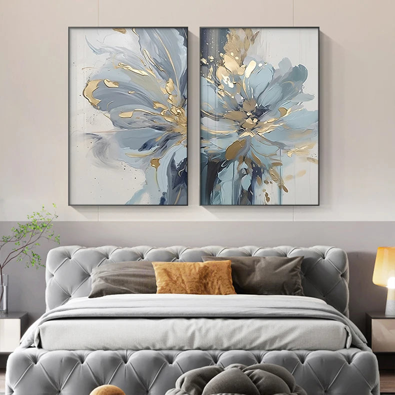 Light Luxury Blue Golden Floral Wall Art Fine Art Canvas Prints - Modern Botanical Pictures For Living Room Dining Room Art For Contemporary Home Decor
