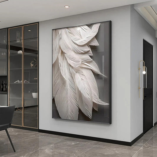 Light Luxury White Feathers Black White Wall Art Fine Art Canvas Prints - Modern Art Home Office Entranceway Foyer Art For Living Room Dining Room Art Decor