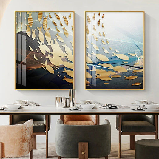 Lucky Golden Fishes Auspicious Wall Art Fine Art Canvas Prints - Modern Abstract Art For Dining Room Living Room Meeting Room Art For Contemporary Home Office