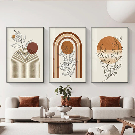 Minimalist Geometric Abstract Boho Botanical Wall Art Neutral Palette Fine Art Canvas Prints - Modern Lifestyle Artworks For Living Room Bedroom Dining Room Art Decor