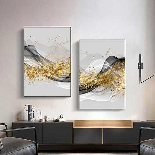 Modern Abstract Auspicious Flowing Golden Mountain Landscape Wall Art Fine Art Canvas Prints - Modern Art For Living Room Dining Room Light Luxury Home Decor