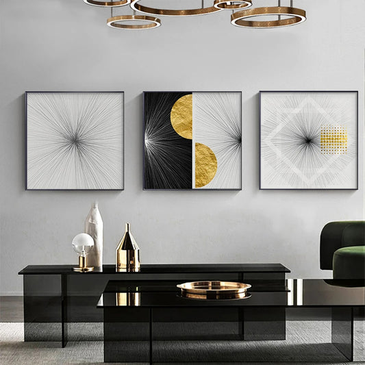Modern Abstract Black White Golden Sun Wall Art Fine Art Canvas Prints - Square Format Artworks For Living Room Dining Room Art For Contemporary Interiors