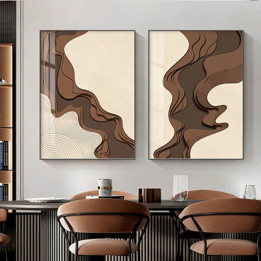 Modern Abstract Brown Beige Flowing Contour Lines Minimalist Wall Art Fine Art Canvas Print - Modern Art For Meeting Room Living Room Dining Room Home Office Decor