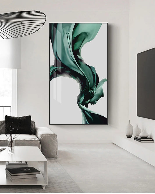 Modern Abstract Green Flowing Silk Wall Art Fine Art Canvas Prints - Modern Art For Foyer Reception Room Living Room Dining Room Art For Home Office Interiors