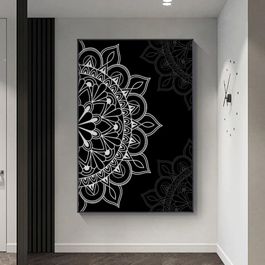 Modern Abstract Symmetrical Mandala Poster Wall Art Fine Art Canvas Prints - Stylish Minimalist Art For Living Room Dining Room Bedroom Art For Modern Apartments