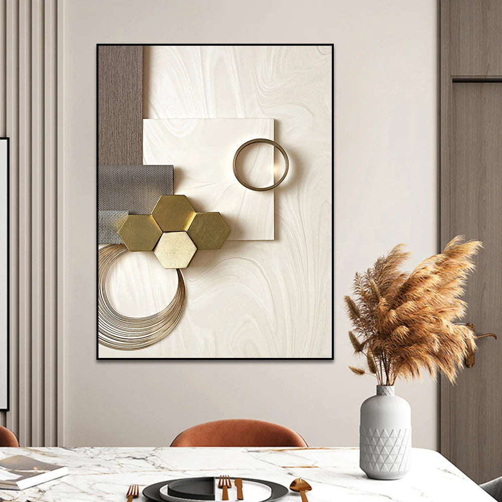 Modern Aesthetics Bronze Golden Geometry Abstract Wall Art Fine Art Canvas Print - Pictures For Living Room Dining Room Art For Contemporary Interiors