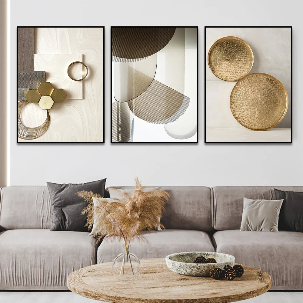 Modern Aesthetics Bronze Golden Geometry Abstract Wall Art Fine Art Canvas Print - Pictures For Living Room Dining Room Art For Contemporary Interiors