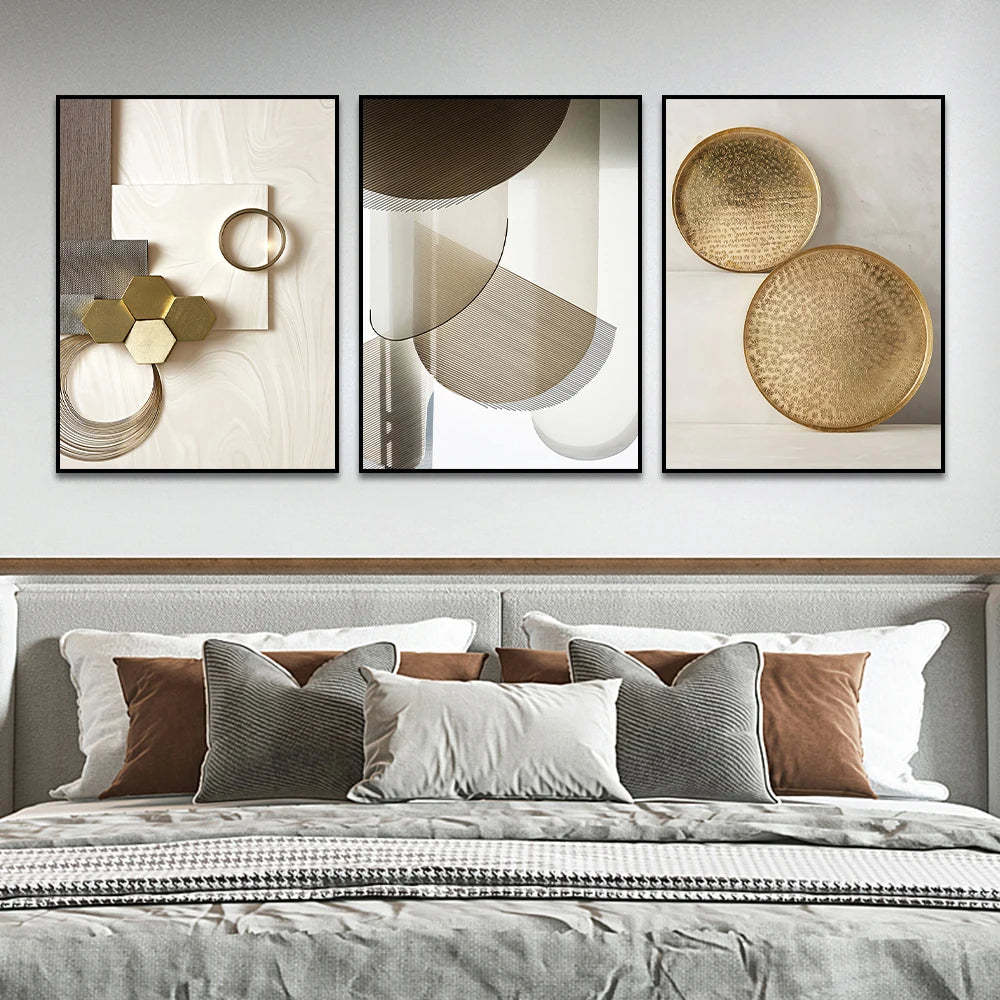 Modern Aesthetics Bronze Golden Geometry Abstract Wall Art Fine Art Canvas Print - Pictures For Living Room Dining Room Art For Contemporary Interiors