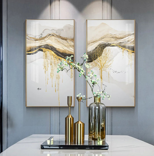 Modern Auspicious Liquid Gold Sunrise Landscape Wall Art Fine Art Canvas Prints - Modern Art For Living Room Dining Room Art For Contemporary Home Office Decor