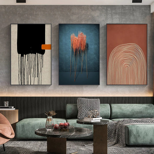 Modern Blue Terracotta Lines Abstract Wall Art Fine Art Canvas Prints - Contemporary Artworks For Dining Room Living Room Stylish Art For New Apartments