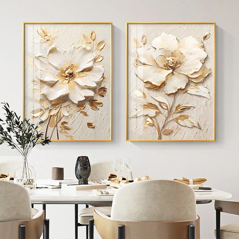 Modern Bohemian Botanical Beige White Floral Wall Art Fine Art Canvas Prints - Modern Art For Living Room Dining Room Bedroom Art For Contemporary Interiors