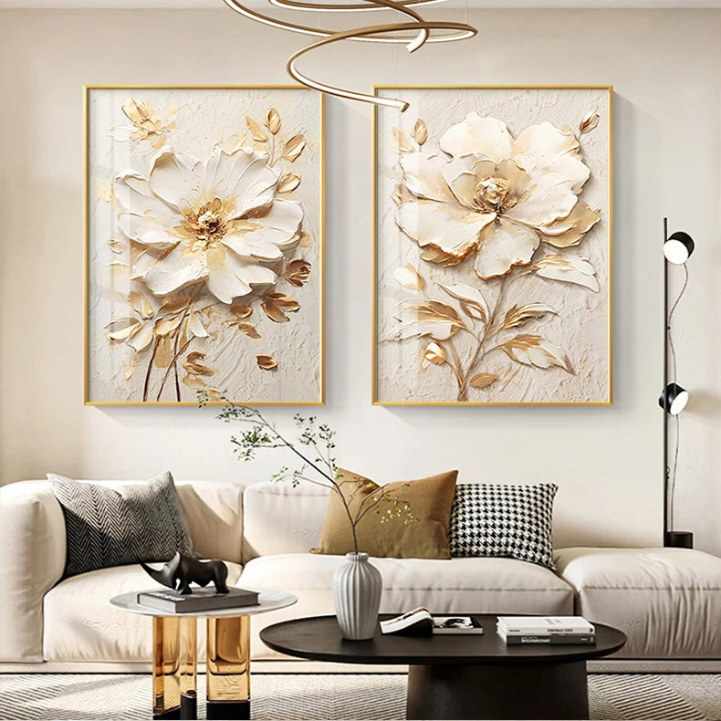 Modern Bohemian Botanical Beige White Floral Wall Art Fine Art Canvas Prints - Modern Art For Living Room Dining Room Bedroom Art For Contemporary Interiors