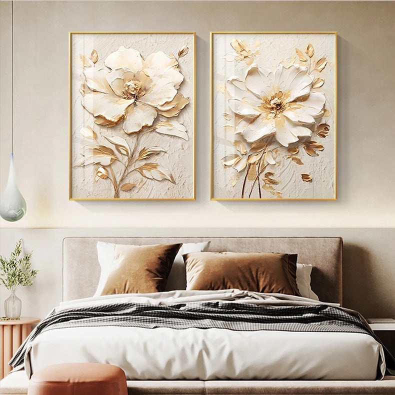 Modern Bohemian Botanical Beige White Floral Wall Art Fine Art Canvas Prints - Modern Art For Living Room Dining Room Bedroom Art For Contemporary Interiors