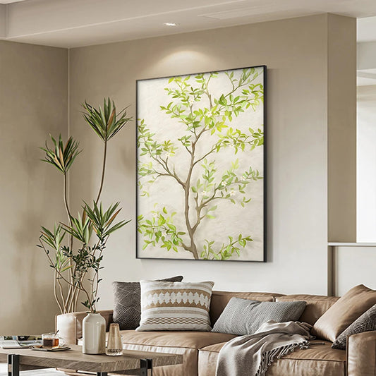 Modern Floral Spring Green Leaves Wall Art Fine Art Canvas Prints - Botanical Pictures For Dining Room Living Room Art For Contemporary Home Office Hotel Restaurant Art Decor