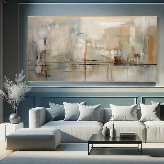 Modern living room with a gray sofa, coffee table, and abstract painting on the wall.