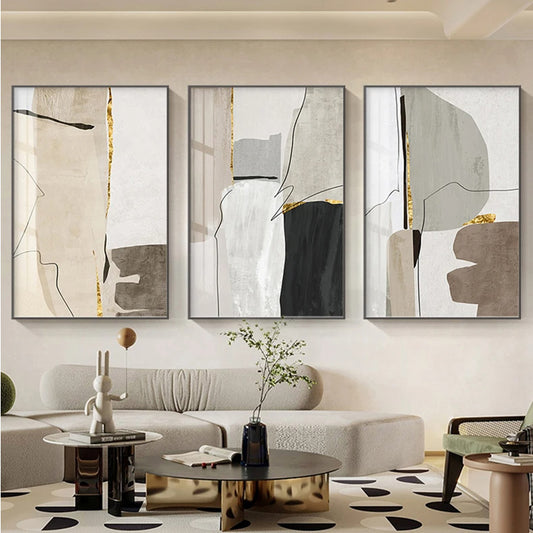 Neutral Colors Beige Grey Nordic Abstract Geomorphic Wall Art Fine Art Canvas Prints - Art For Modern Apartment Living Room Dining Room Home Office Decor