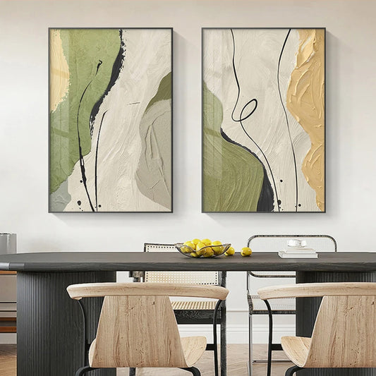 Nordic Abstract Beige Green Geomorphic Wall Art Fine Art Canvas Prints - Art For Modern Apartment Living Room Bedroom Art For Contemporary Interiors