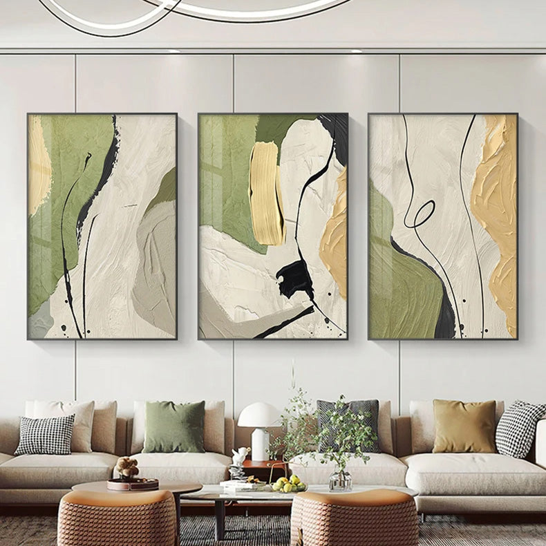 Nordic Abstract Beige Green Geomorphic Wall Art Fine Art Canvas Prints - Art For Modern Apartment Living Room Bedroom Art For Contemporary Interiors