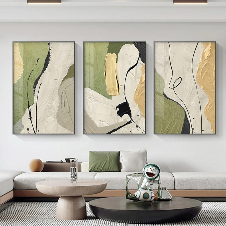 Nordic Abstract Beige Green Geomorphic Wall Art Fine Art Canvas Prints - Art For Modern Apartment Living Room Bedroom Art For Contemporary Interiors