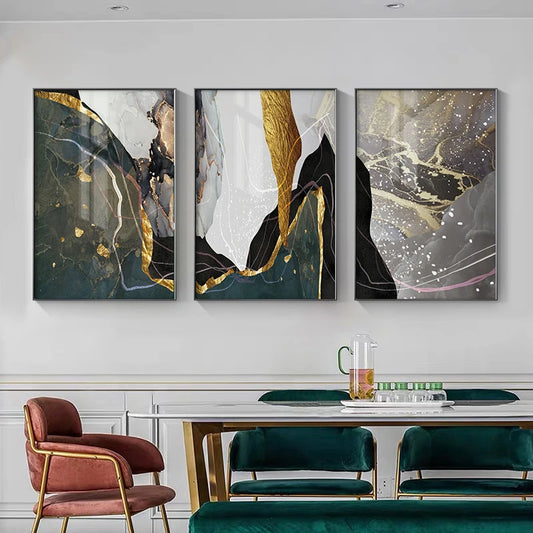 Nordic Abstract Golden Grey Green Geomorphic Marble Print Wall Art Fine Art Canvas Prints - Art For Modern Living Room Dining Room Meeting Room Boutique Hotel Art Decor