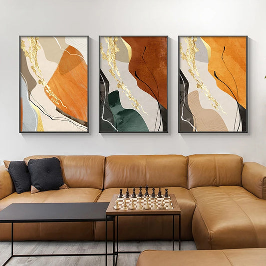 Nordic Golden Green Orange Abstract Wall Art Fine Art Canvas Prints - Pictures For Modern Apartment Living Room Foyer Reception Art For Contemporary Interiors