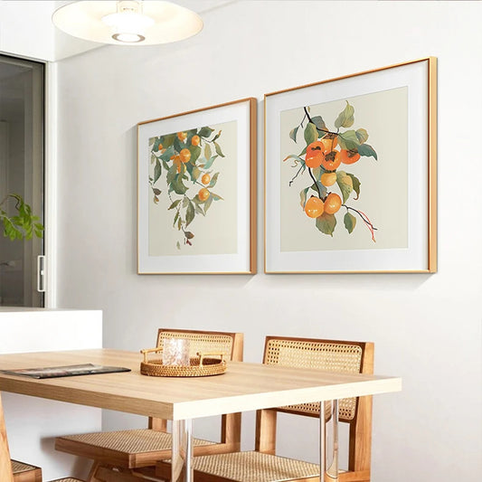 Orange Persimmon Fruit Tree Wall Art Fine Art Canvas Prints - Simple Botanical Square Format Floral Pictures For Living Room Dining Room Art For Bohemian Interiors