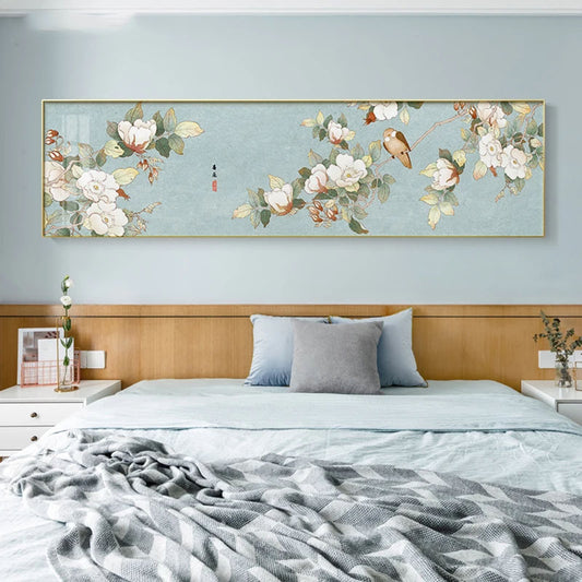Oriental Blossom Birds Floral Wall Art Fine Art Canvas Prints - Wide Format Bedroom Art Pictures For Above The Bed Modern Botanical Art For Above The Sofa
