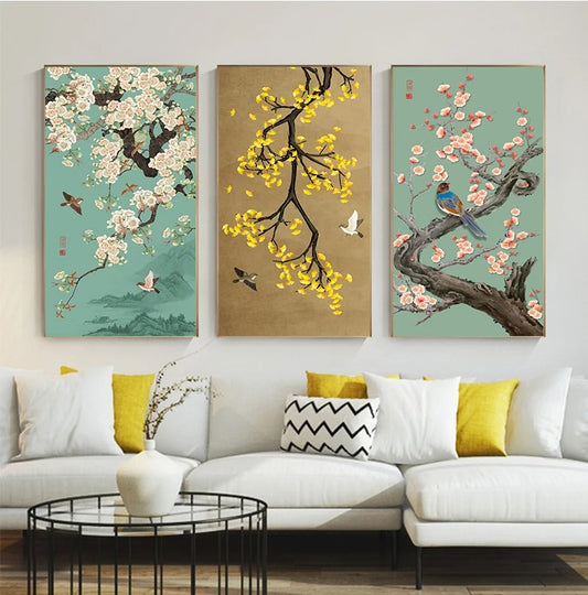 Oriental Blossom Floral Wall Art Fine Art Canvas Prints - Vintage Chinoiserie Pictures For Living Room Dining Room Bedroom Art Decor