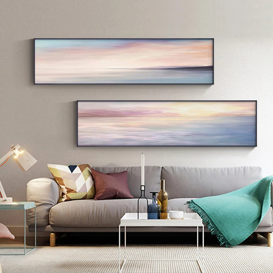 Pink Blue Sea Sunset Wall Art Fine Art Canvas Prints - Modern Wide Format Landscape Art For Above The Sofa Art For Above The Bed