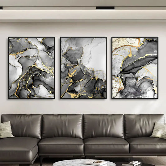 Set of 3Pcs Golden Black Grey Golden Marble Print Wall Art Fine Art Canvas Prints - Artworks For Modern Living Room Dining Room Home Office Art Decor