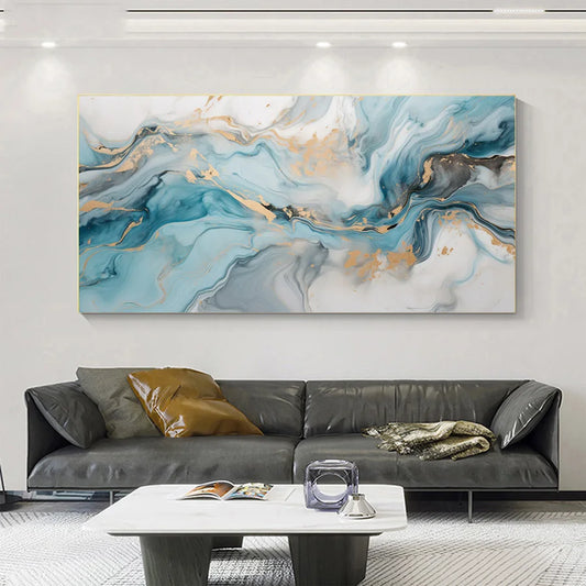 Azure Green Golden Marble Print Wall Art Fine Art Canvas Prints - Abstract Wall Art Picture For Modern Apartment Living Room Bedroom Art For Contemporary Interiors