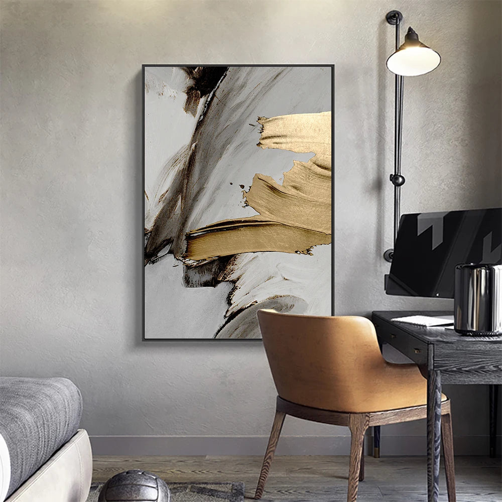 Elegant Golden Grey Abstract Wall Art Fine Art Canvas Prints - Pictures For Modern Apartment Living Room Dining Room Contemporary Bedroom Art Decor