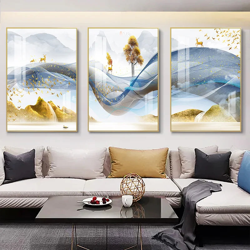Set of 3 Pcs Flowing Abstract Auspicious Landscape Wall Art Fine Art Canvas Prints - Triptych Artworks For Living Room Dining Room Art For Home Office Decor