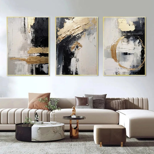 Neutral Tones Black Beige Grey Golden Abstract Wall Art Fine Art Canvas Prints - Modern Art For Urban Loft Living Room Dining Room Art For Contemporary Interiors