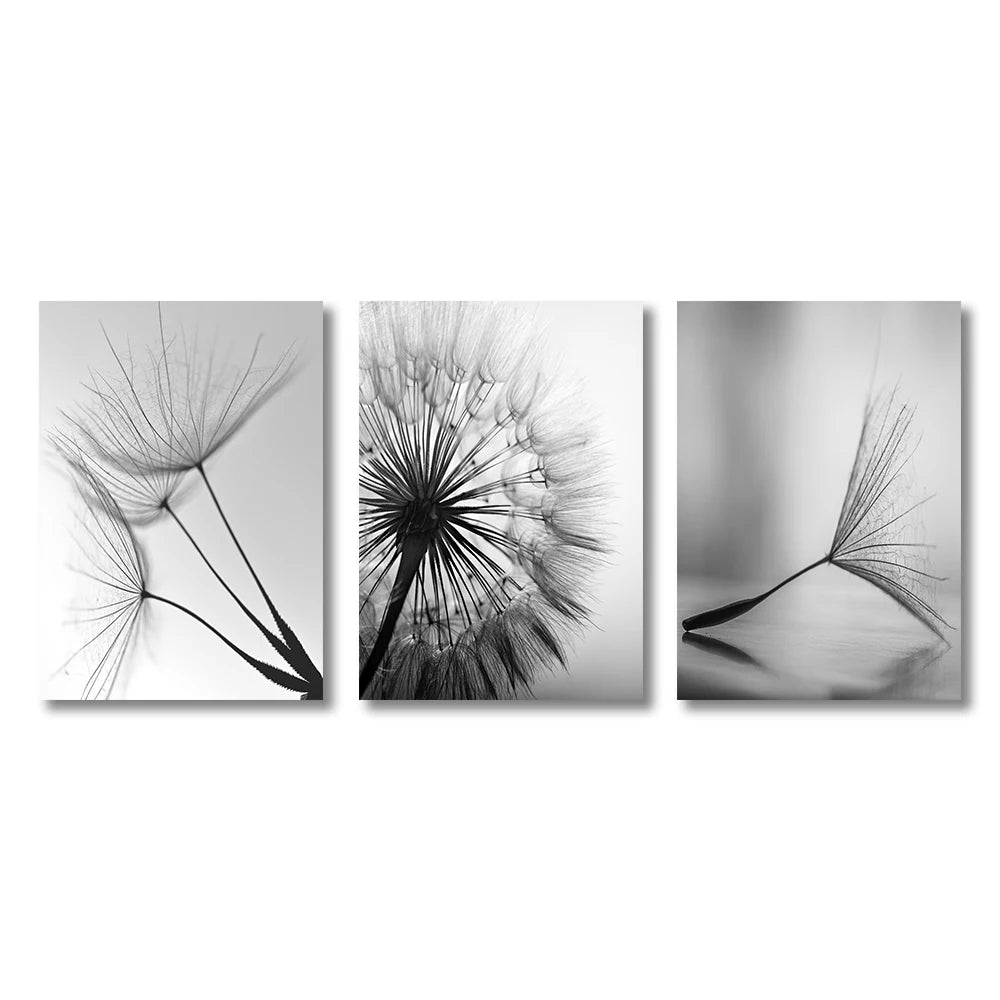 Black White Minimalist Dandelion Abstract Wall Art Fine Art Canvas Prints - Simple Lifestyle Art For Modern Apartment Living Room Dining Room Bedroom Art Decor