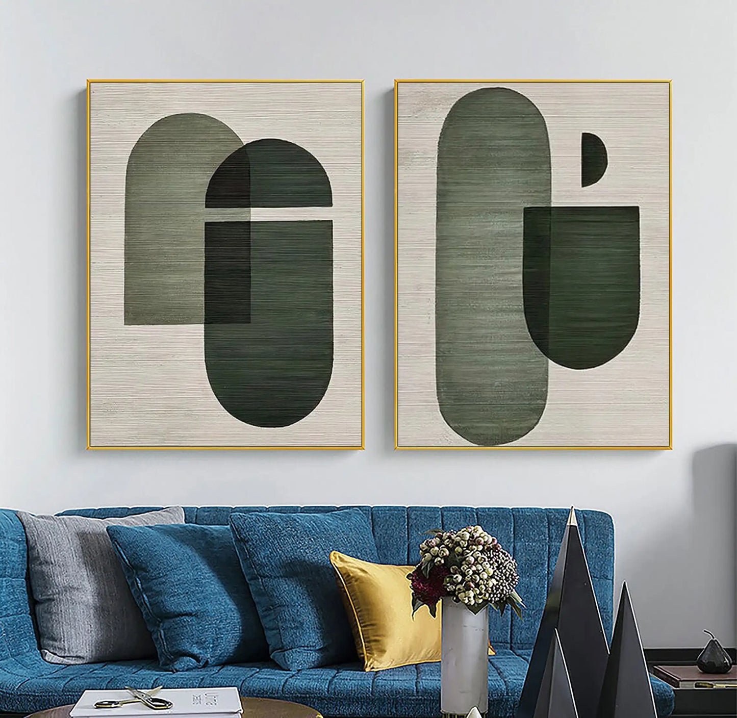 Vintage Abstract Green Beige Wall Art Fine Art Canvas Prints - Inspirational Art For Contemporary Living Room Dining Room Bedroom Art For Modern Living