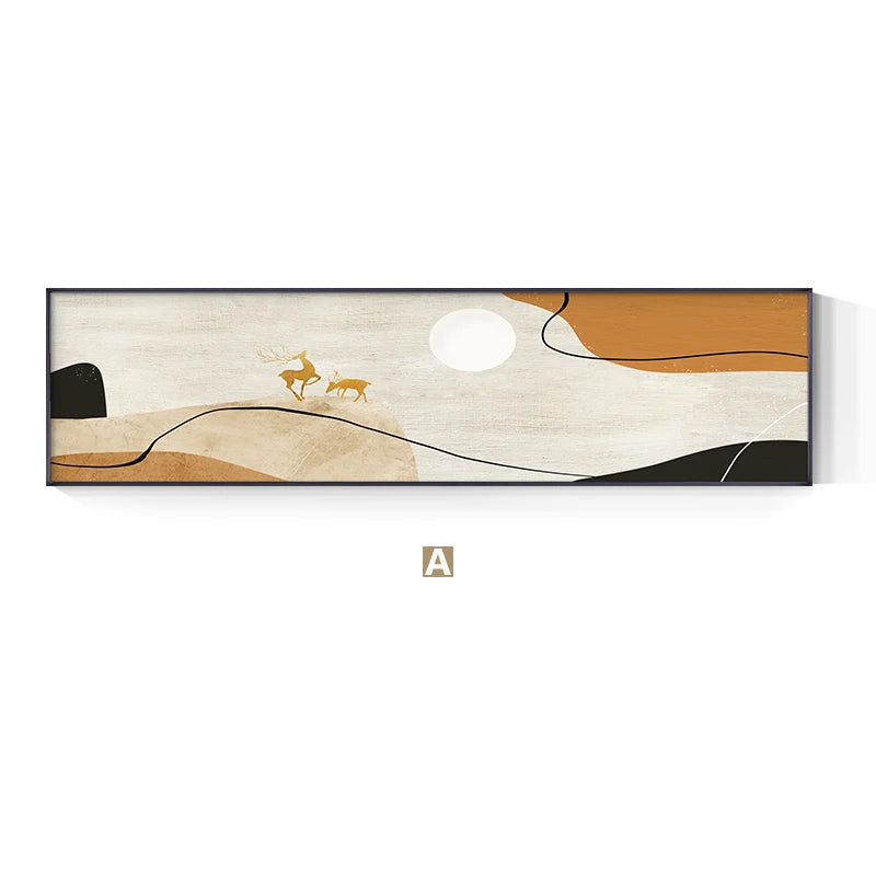 Abstract Nordic Golden Deer Wide Format Landscape Wall Art Fine Art Canvas Prints - Modern Pictures For Living Room Above The Sofa Wide Art For Above The Bed