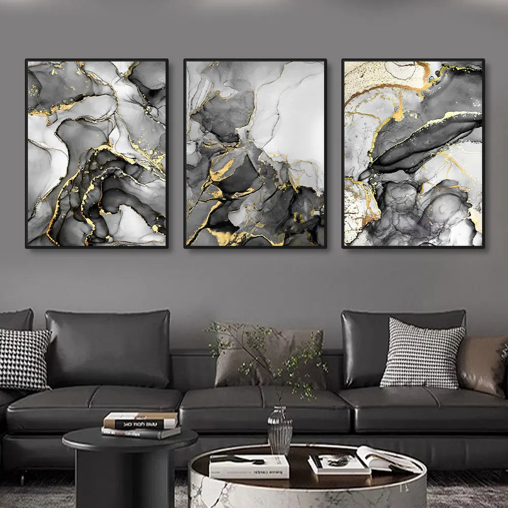 Set of 3Pcs Golden Black Grey Golden Marble Print Wall Art Fine Art Canvas Prints - Artworks For Modern Living Room Dining Room Home Office Art Decor