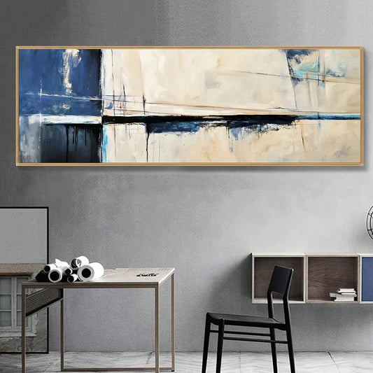 Contemporary Vintage Beige Blue Abstract Wall Art Fine Art Canvas Print - Wide Format Picture For Living Room Above The Sofa Wide Art For Above The Bed