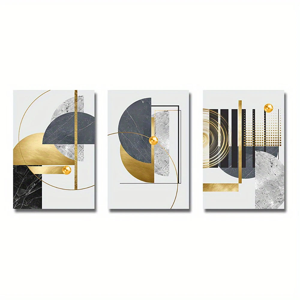 Golden Grey Abstract Geometric Wall Art Fine Art Canvas Prints - Modern Artworks For Apartment Living Room Dining Room Bedroom Art For Contemporary Interiors
