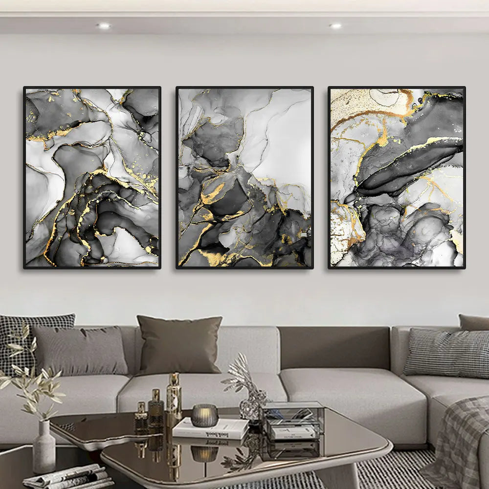 Set of 3Pcs Golden Black Grey Golden Marble Print Wall Art Fine Art Canvas Prints - Artworks For Modern Living Room Dining Room Home Office Art Decor