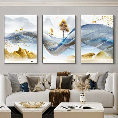 Set of 3 Pcs Flowing Abstract Auspicious Landscape Wall Art Fine Art Canvas Prints - Triptych Artworks For Living Room Dining Room Art For Home Office Decor